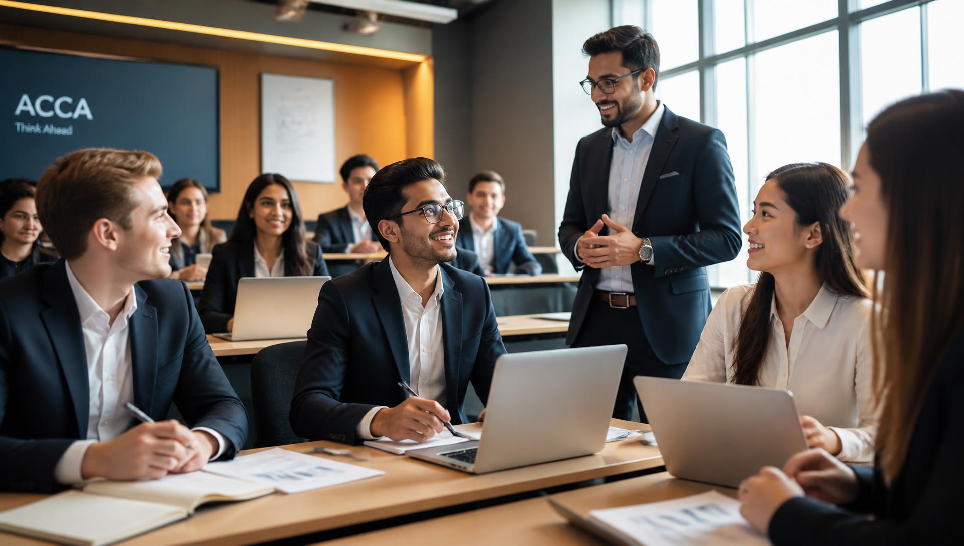 ACCA students and lecturer in a modern classroom at Griffin Learn